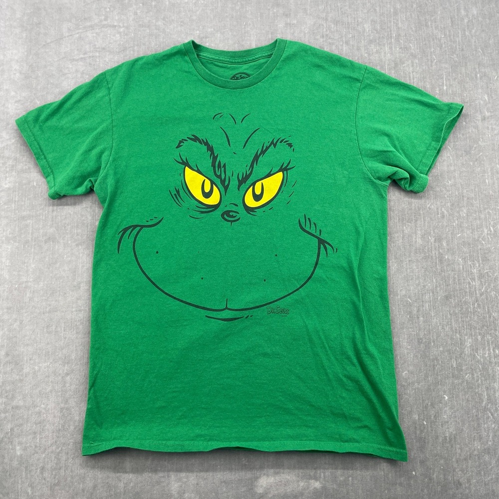 Dr. Seuss Mens M Green T-Shirt The Grinch Face Graphic Short Sleeve Cotton Tee